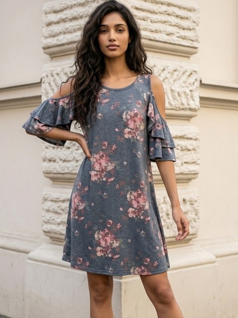 Altar'd State Gray Floral Cold Shoulder Ruffle Shift Dress Soft Knit Mini Women